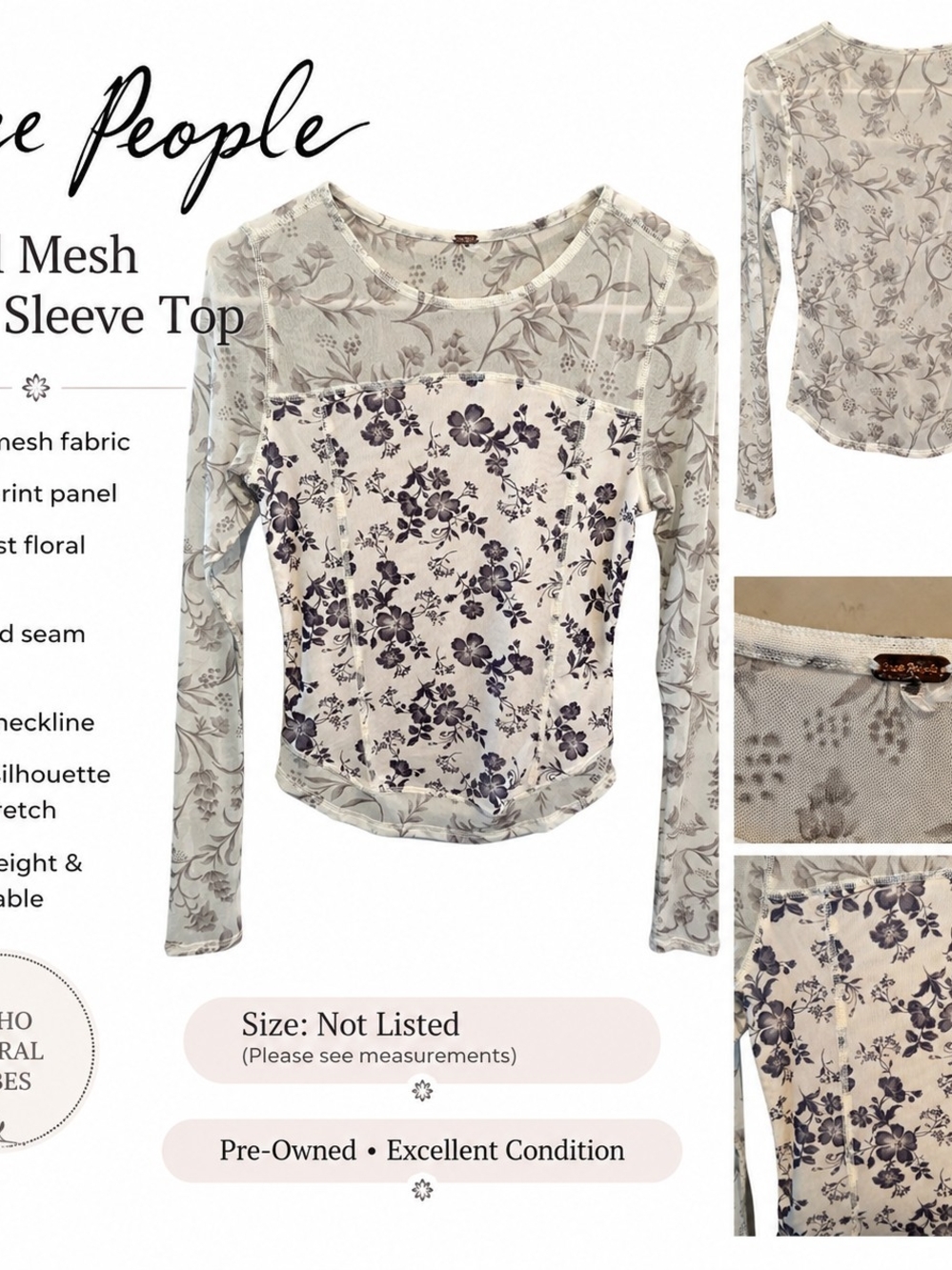 Free People Cream and Gray Floral Mesh Long Sleeve Top